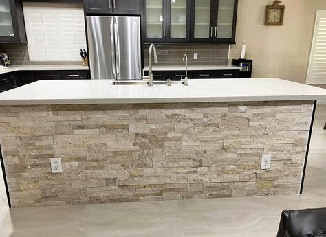 Stone Kitchen Island Designs - Designing Idea White Stone Kitchen Island, Stacked Stone Kitchen Island, Stone On Kitchen Island, Kitchen Island With Stone, Tiled Kitchen Island, Brick Kitchen Island, Kitchen Island Stone, Stacked Stone Backsplash, Stone Tiles Kitchen