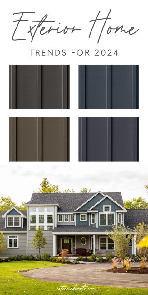 2024 House Exterior Trends include Contrasting light and dark colors, like matte black with brick, stone, shingles or wood, creates dramatic outdoor spaces. Earthy tones, such as navy blue, forest green, dark brown and red, combined with nature-inspired materials offer organic texture and warmth. Other trending colors for 2024 include vivid teal and aqua blue for a sense of serenity. Dark Siding House Exterior Colors, House Exterior Trends, Composite Siding, Modern Farmhouse Ideas, Farmhouse Exterior Design, Vertical Siding, Trending Colors, Exterior House Color, Stucco Homes