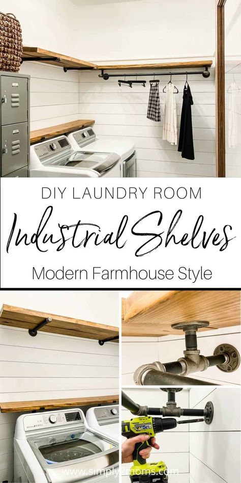 Laundry Rod Hanger, Update Living Room Ideas, Laundry Room Hanging Ideas, Pipe Shelves Diy, Laundry Room Shelving Ideas, Diy Laundry Room Shelves, Laundry Room Shelving, Diy Laundry Room, Laundry Shelves