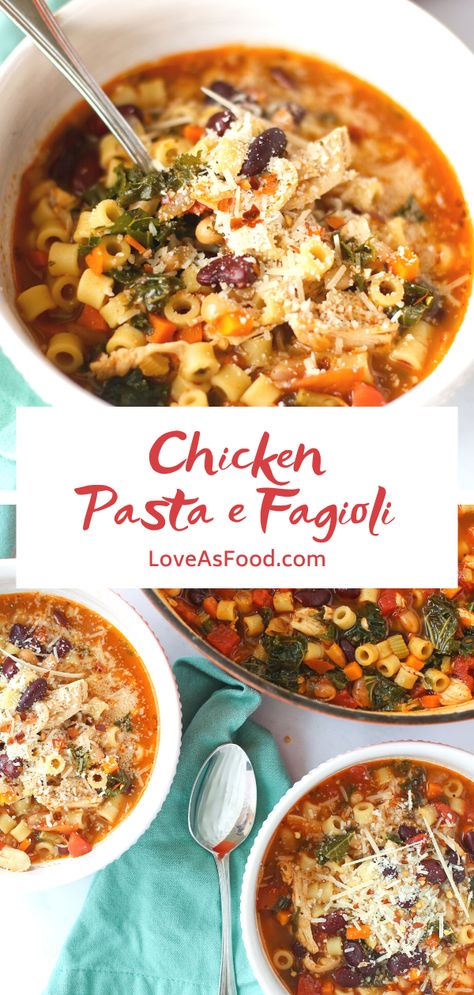 There may be 297 days in January, but it's also soup season! Chicken pasta e fagioli makes the worst part of the year a little better. |Love As Food| #pastaefagioli #soupseason #soup #chickensoup Pasta Fagioli With Chicken, Chicken Pasta Fagioli Soup, Quick And Easy Soup Recipes, Recipes Stove Top, Braised Beef Stew, Crock Pot Soup Recipes, Pasta Fagioli Recipe, Pasta Fagioli Soup, Pasta E Fagioli Soup