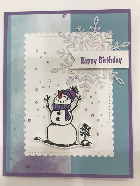 This simple card is perfect for a January birthday!! This card has a 8.5″ x 5.5″ base of Pacific Point cardstock. I adhered a piece of 4″ x 5.25″ Balmy Blue cardstock to the front of the card. Next, I added a 2″ strip of Snowflake Splendor DSP (retired) to the left side of the … Continue reading Simple Snowy Birthday Card Winter Birthday Card Ideas, January Birthday Cards, Winter Birthday Cards, Creative Birthday Cards, January Birthday, Snowman Cards, Happy Birthday Greeting Card, Retirement Cards, Winter Birthday