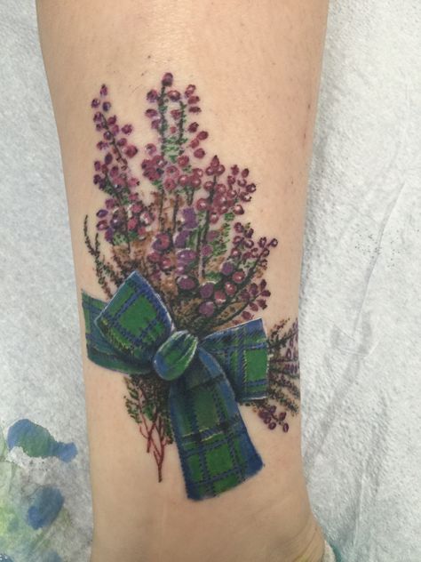 My new  Heather Tat to commemorate my trip to Scotland & Ireland. Done by Memo at Insight Studio, Chicago, IL. The ribbon is a family Tartan (Weir) Heather Tattoo, Scotland Tattoo, Natur Tattoo Arm, Scottish Tattoo, Scottish Tattoos, Thistle Tattoo, Heather Flower, Tattoo Flowers, Girly Tattoos