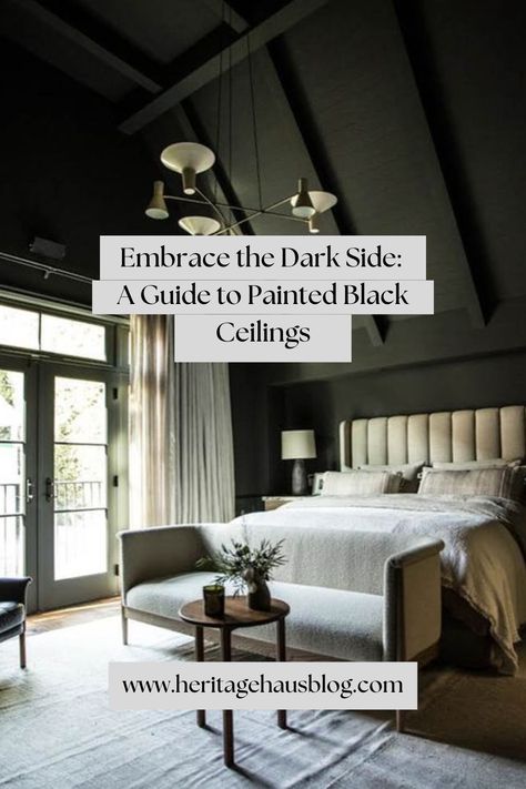 Black Vaulted Ceiling Bedroom, Black Ceiling And Accent Wall, Black Walls And Ceiling Bedroom, Dark Bedroom Vaulted Ceiling, Dark Bedroom With Dark Ceiling, Black Painted Vaulted Ceiling, Vaulted Ceiling Bedroom Paint, Black Ceiling Trim, Dark Gray Ceiling Bedroom