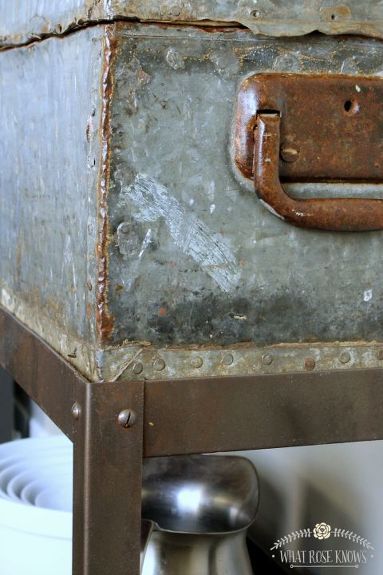 I found an abandoned beat up vintage toolbox at a flea market, plus an equally beat up vintage store coffee display shelf and married them together to make an incredibly unique piece for my black and white vintage kitchen. It was pure luck that the toolbox fit perfectly on top of the shelf. Even though I loved the aged red metal of the display shelf, I wanted it to match the rusty patina of the toolbox. After a little research on the net, I came up with my own method. I used Rust-O… Toolbox Shelf, Tool Box Repurposed, Distressed Furniture Ideas, Tool Box Ideas, Metal Tutorial, Vintage Tool Box, Toolbox Ideas, Coffee Display, Tool Box Diy