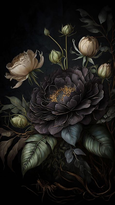 Gothic Floral Painting, Goth Wallpaper Aesthetic, Witchy Aesthetic Wallpaper, Dark Witchy Aesthetic, Dark Witchy Wallpaper, Botanical Goth, Dark Flowers Wallpaper, Wallpaper Fancy, Gothic Nature