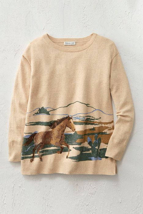 Thrift Fits, Horse Clothing, Western Sweaters, Trip Style, Horse Sweater, Masc Fashion, Free Rein, Animal Sweater, Free Spirit Style