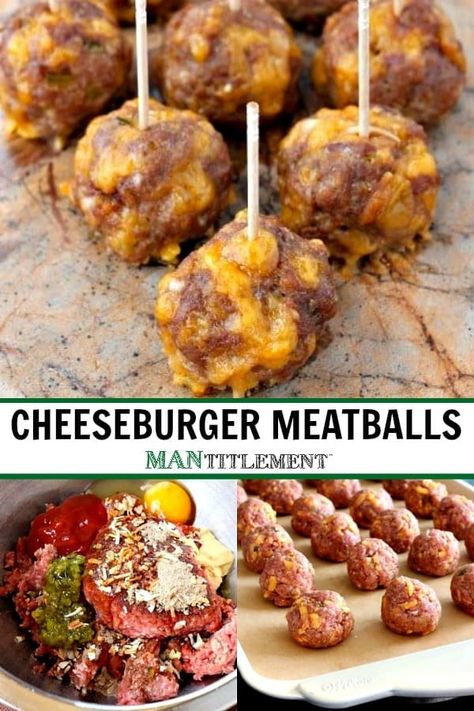 Cheeseburger Meatballs taste like biting into an entire cheeseburger without the bun! #appetizers #easy appetizers #dinnerideas #groundbeefrecipes #meatballrecipe Cheeseburger Meatballs, Meatball Bites, Meatball Appetizer, Beef Appetizers, Meatball Appetizer Recipe, Burger Bites, Recipes Using Ground Beef, Cheese Stuffed Meatballs, Fun Dinner