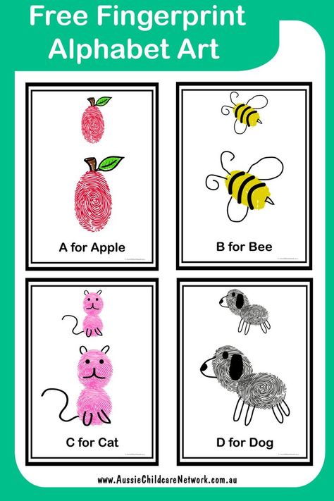 Fingerprint Alphabet Art is a simple activity for children to create objects using their fingerprints starting with each letter of the alphabet. Fingerprint Alphabet Art Letters, Alphabet Fingerprint Art, Fingerprint Letter Art, Handprint Letter Book, Finger Print Abc, Finger Print Alphabet, Class Fingerprint Art, Finger Print Art Ideas, Fingerprint Alphabet