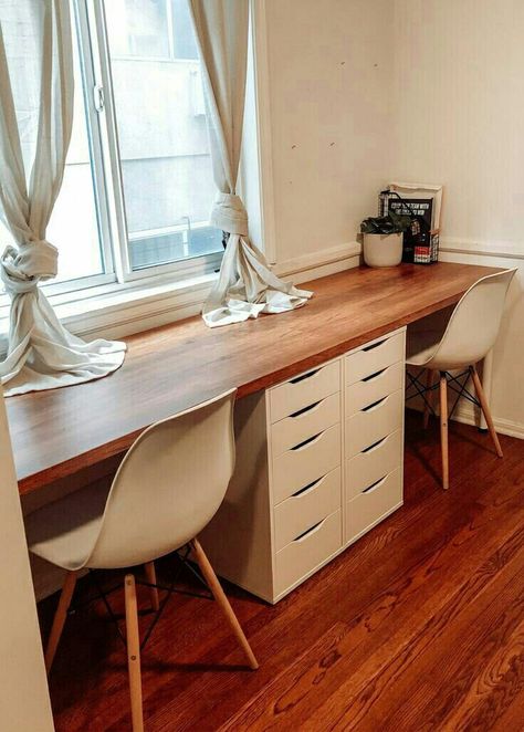 Home Office Desk By Window, Small Office Sunroom, Ikea Desk For Two, Double Desk Home Office Window, Duel Desk Home Office, Double Desk Diy, Desk With Alex Drawers, Ikea Double Desk Hack, Large Desk Home Office