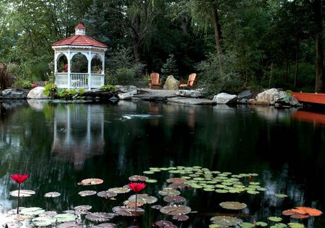 gazebos and ponds some things just go together, gardening, outdoor living, ponds water features, A large pond has a #gazebo and firepit nearby Chicago Landscape, Elegant Backyard, Backyard Ponds, Building A Pond, Bored Art, Backyard Pond, Outdoor Ponds, Fountains Backyard, Garden Waterfall