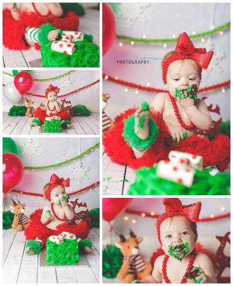 Grinch Birthday Pictures, Christmas 1 Year Birthday, Christmas First Birthday Party Ideas, Christmas Birthday Party 1st Decorations, Grinch 1st Birthday Photoshoot, Grinch First Birthday Smash Cake, December 1st Birthday Photoshoot, Christmas Cake Smash Girl, Christmas Smash Cake 1st Birthdays