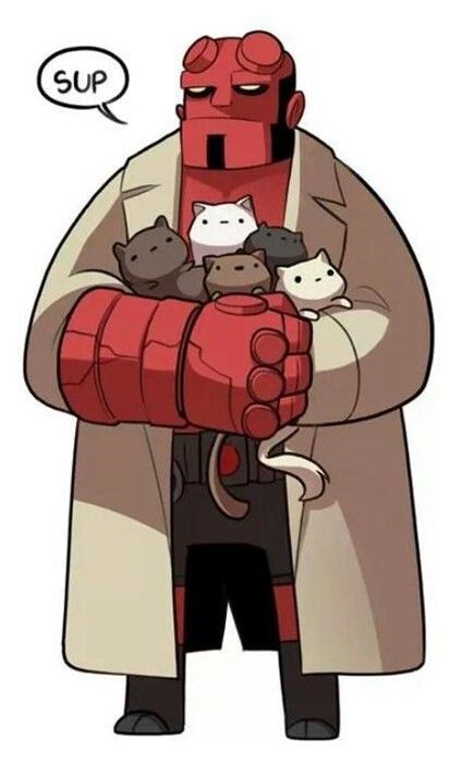 Hellboy + kitties! <3 <3 <3 | #hellboy #kitties #darkhorse #comics Hellboy Tattoo, Hellboy Art, Doug Jones, Otto Schmidt, Mike Mignola, Idee Cosplay, Wow Art, Nerd Alert, Geek Out