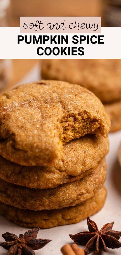 These chewy pumpkin spice cookies have crisp edges and soft centers but aren't cakey! They're made with canned pumpkin puree and the perfect amount of warm spices. You can make them in 20 minutes and don't have to chill the cookie dough! Chewy Pumpkin Spice Molasses Cookies, Spicy Pumpkin Cookies, Pumpkin Spice Cookies Without Puree, Pumpkin Oatmeal Cookies Gluten Free, Pumpkin Spice Gingerbread Cookies, Drop Pumpkin Cookies, Soft Chewy Pumpkin Cookies, Healthy Pumpkin Spice Cookies, Spiced Pumpkin Cookies