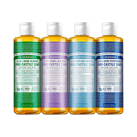 Dr. Bronner's - Pure-Castile Liquid Soap (8 oz Variety Pack) Peppermint, Lavender, Almond & Baby Unscented - Made with Organic Oils, 18-in-1 Uses: Face, Body, Hair, Laundry, Pets and Dishes | 4 Count Cetaphil Gentle Cleanser, Pure Castile Soap, Tree Soap, Organic Oils, Palm Kernel Oil, Castile Soap, Bath Soap, Organic Soap, Variety Pack