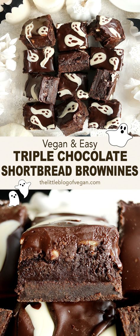 Pinterest pin of triple chocolate brownies with a shortbread base Halloween Baked Goods Treats, Vegan Halloween Cake, Halloween Recipes Baking, Witchy Desserts, Halloween Vegan Food, Vegan Halloween Dinner, Vegan Halloween Snacks, Halloween Brownies Ideas, Halloween Baked Treats