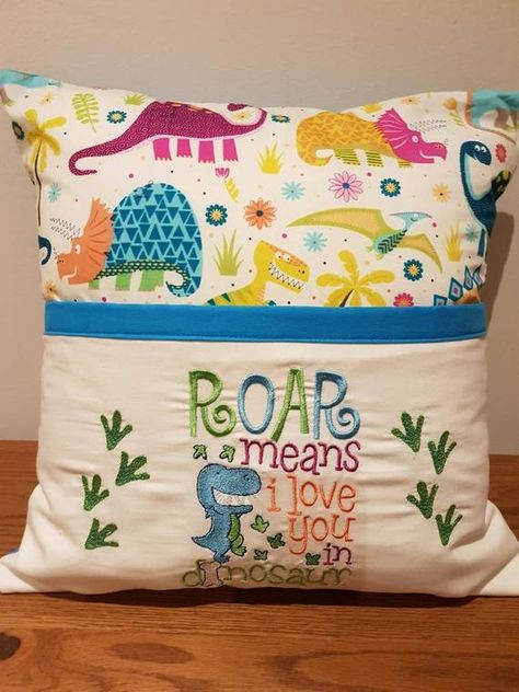 Dinosaur Reading, Pillow Gift Ideas, Reading Cushion, Book Pillows, Pillows For Kids, Reading Pillows, Bernina Embroidery, Pillow Embroidery, Sewing Pins