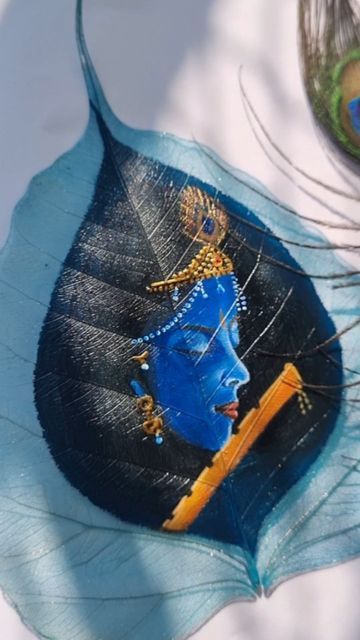 Leaf painting of Lord Krishna on peepal leaf skeleton Krishna Ji Painting, Painting On Leaf, Skeletal Leaves, Leaf Art Painting, Jewelry With Wire, Leaf Art Diy, Dry Leaf Art, Leaf Print Art, God Drawing