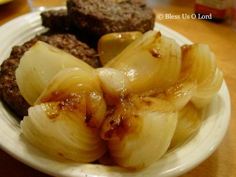 4  Vidalia onion, 4 beef bouillon cubes, 4 TLB butter, pepper  Trim bottom of each onion so it will sit flat, peel the skin. Cut small cone-shaped section from the center. Cut onion into quarters from the top down, stopping within a 1" of the root.  Place bouillon cube in hole,  top with soften butter. Smear soften butter in between the sections, sprinkle with pepper. Wrap in double foil & Grill-for 45 mins, turn every so often. OR bake in a preheated 350 degree oven for 45-60 min. Vidalia Onion Recipes, Vidalia Onion Dip, Onion Dip Recipe, Baked Onions, Vidalia Onion, Roasted Onions, Vidalia Onions, Onion Recipes, How To Grill Steak