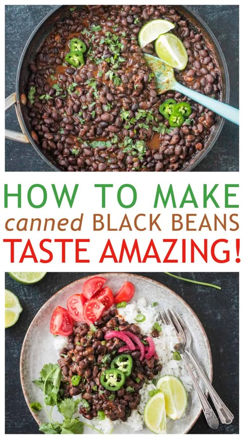 These Spicy Seasoned Black Beans are the perfect addition to a variety of meals. They make a quick and easy side dish or can be added to soups, salads, bowls, or any of your Tex-Mex favorites for a hearty, flavorful dinner. Using pantry staples, they're ready in just 20 minutes! Healthy Refried Black Beans, Cajun Black Beans, Mexican Canned Black Beans, Easy Black Bean Side Dishes, Easy Canned Black Beans, Smokey Black Beans, Black Beans For Nachos, Black Beans As A Side Dish, Flavorful Black Beans