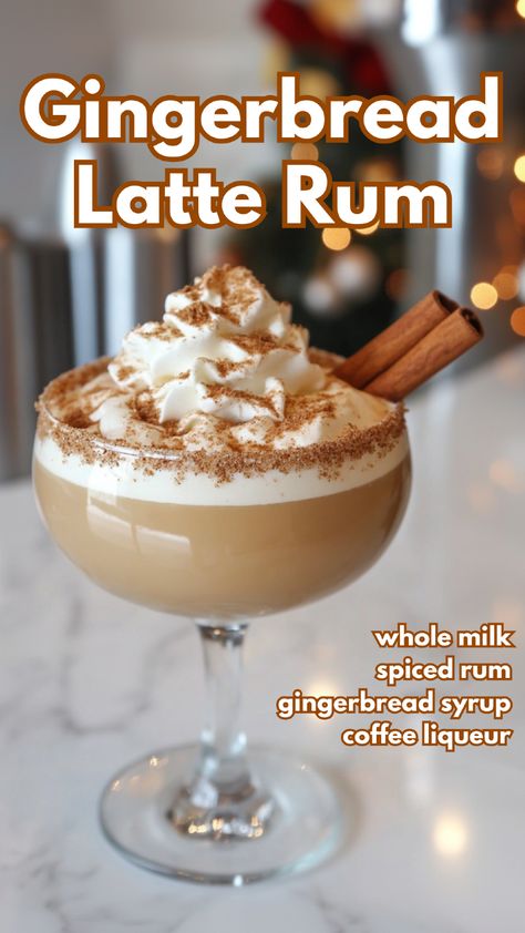 Bring cozy holiday vibes to your glass with the Gingerbread Latte Rum Cocktail. This rich and creamy drink blends spiced rum, coffee liqueur, and gingerbread syrup for a decadent holiday treat. Finished with a gingerbread cookie rim and whipped cream, it’s the perfect way to sip into the festive season. 🍪🤎 #gingerbreadlatterumcocktail #gingerbreadcocktails Gingerbread Cocktails Holiday Drinks, Gingerbread Rum Cocktail, Rum Christmas Drinks, Christmas Cocktails With Rum, Rum Christmas Cocktails, Gingerbread Drink, Bakery Drinks, Gingerbread Cocktail, Cocktail Cards