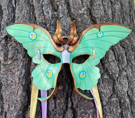 Moth Mask, The Arcana Oc, Arcana Oc, Painted Mask, Whimsical Crafts, Arcane Oc, Lunar Moth, Leather Mask, The Arcana