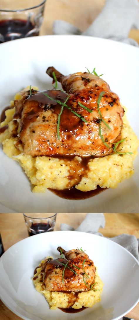 Roast Chicken With Red Wine Demi Glaze, Chicken With Red Wine Sauce, Chicken And Polenta Recipes, Red Wine Demi Glaze Recipe, Chicken Demi Glace Recipe, Red Wine Demi Glaze, Recipes With Red Wine, Demi Glaze Recipe, Fancy Date Night Dinner