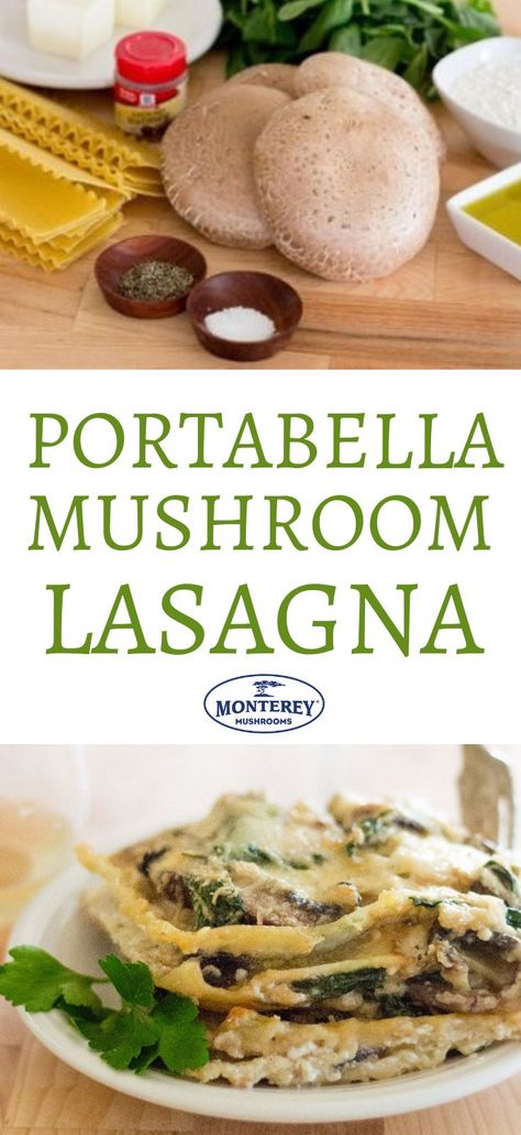 This portabella mushroom recipe is a meatless dinner that's big on flavor! It's a portabella mushroom lasagna with a creamy white sauce, tender noodles, and spinach. This is a family friendly dinner that everyone will enjoy. #montereymushrooms #mushrooms #lasagna #portabella #portabellamushrooms #vegetarianlasagna #meatlessmeal Mushrooms Dishes, Mushroom Pasta Recipes, Mushroom Side Dish Recipes, Mushroom Enchiladas, Vegetarian Mushroom Recipes, Cojita Cheese, Spinach Mushroom Lasagna, Portabella Mushrooms Recipes, Portabello Mushrooms