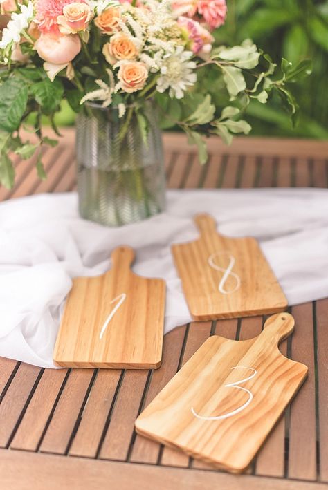 Charcuterie Board Table, Diy Wedding Table Numbers, Table Numbers Wedding Diy, Table Number Sign, Diy Table Numbers, Diy Wedding Table, Wooden Serving Boards, Board Wedding, Wood Serving Board