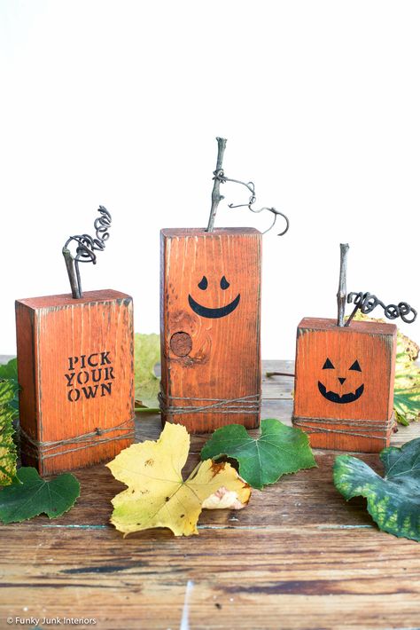 New Upcycle Ideas 646 - Funky Junk InteriorsFunky Junk Interiors Mini Pumpkin Patch, Block Pumpkins, Pumpkin Patch Sign, Face Stencils, Pumpkin Uses, Fall Fireplace, Easy Fall Decor, Carved Pumpkin, Funky Junk Interiors