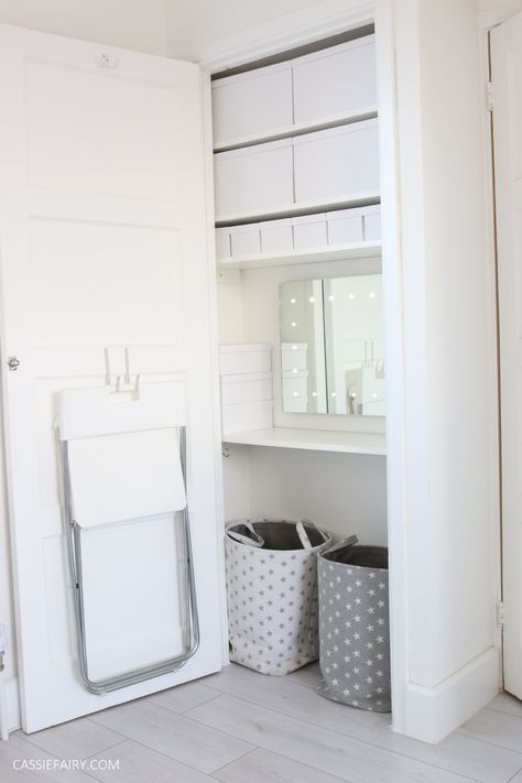 DIY project - how to turn an alcove or cupboard into a fitted dressing table and storage space. Small Dressing Room Ideas Space Saving, Fitted Dressing Table, Cupboard Diy, Wall Library, Alcove Ideas, Flat Renovation, Bedroom Organisation, Hall Wardrobe, Wardrobes Bedroom