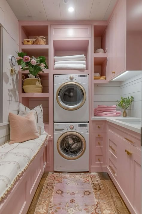 Pink Utility Room, Tiny Laundry Area, Stacked Laundry Room Ideas, Pink Laundry Room, Laundry Room Addition, Stacked Laundry, Mudroom Inspiration, Pink Laundry, Pink Laundry Rooms