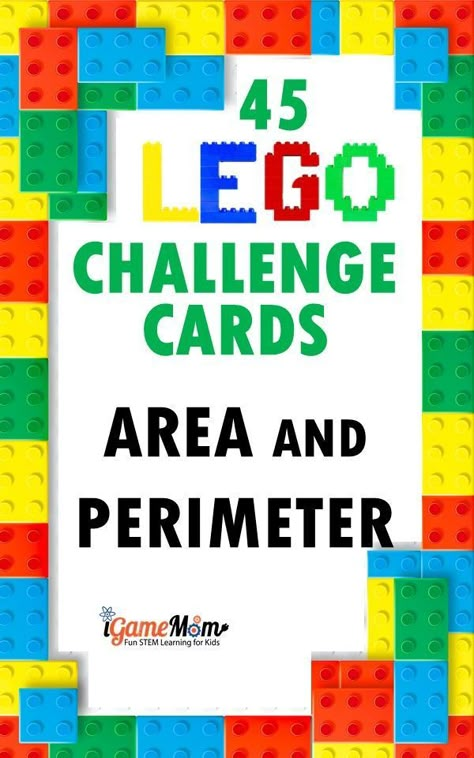 Old LEGO bricks at home? LEGO math build challenge to learn area and perimeter concepts, spacial reasoning, logic thinking, problem solving. fun STEM challenge with 50 challenge cards. Hands-on math game for kids learn geometry, great for math center, math club, after school practice. #LEGOchallenge #MathGame #LEGOmath #MathActivities #STEMactivities #STEMforKids #STEMeducation #iGameMomSTEM Lego Math Games, Maths With Lego, Math At Home, Area And Perimeter Activities, Math Night Activities Elementary, Area And Perimeter Games, Perimeter Games, Lego Area, Perimeter Activities