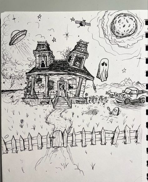 Haunted House With A Picket Fence Tattoo, A Haunted House With A Picket Fence, Picket Fence Drawing, Haunted House Drawings, Fence Drawing, A Haunted House, Phoebe Bridgers, House Drawing, Art Drawings Sketches Creative