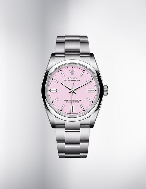 The new Oyster Perpetual 36 in Oystersteel features a candy pink lacquer dial. #Rolex #OysterPerpetual #NewWatches2020 Rolex Oyster Perpetual Pink, Oyster Perpetual Women, Tag Watches Women, Prada Watch, Rolex Pink, Rolex Wrist Watch, Pretty Watches, Rolex Watches Women, Rolex Women