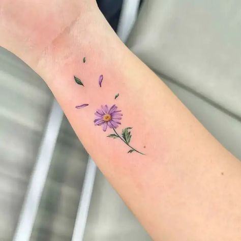 Tiny Aster Flower Tattoo, Purple Daisy Tattoo, Gerber Daisy Tattoo, Daisy Tattoo Ideas, Aster Flower Tattoo, Birth Flower Tattoo Ideas, Aster Tattoo, Small Daisy Tattoo, Aster Flower Tattoos