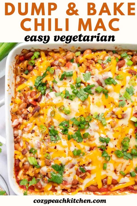 This chili mac casserole is a dump & bake recipe that is like a combination of chili and mac and cheese. This recipe is vegetarian and ready in just over 30 minutse using mostly budget-friendly pantry staples! Crockpot Vegetarian Chili Mac, Chili Mac Healthy, Meatless Dump Dinners, Dump And Bake Vegetarian Casseroles, Dump And Bake Recipes Vegetarian, Vegetarian Dump And Bake, Healthy Vegetarian Casserole Recipes, Meatless Casserole Recipes, Baked Chili Mac