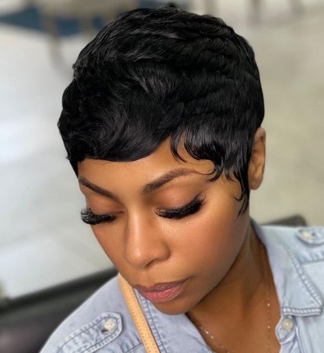 Perfect Pixie Weave with Waves Short Hair Weave Styles, Short Weave Hairstyles Sew Ins, Short Hair Weaves, Pixie Weave, 27 Piece Quick Weave, Weaving Hairstyles, Short Curly Weave, Short Quick Weave Hairstyles, Weave Bob Hairstyles