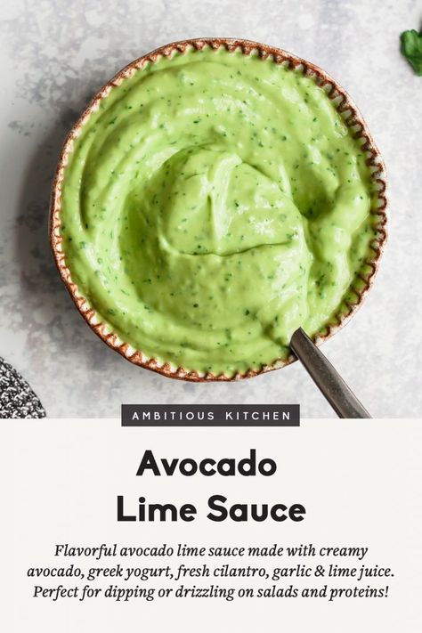 Delicious, flavorful avocado lime sauce made with creamy avocado, greek yogurt, fresh cilantro, garlic, and lime juice. Use it as a dip or drizzle it on salmon, salads, and your favorite proteins! Salmon Salads, Avocado Lime Sauce, Paleo Chicken Tenders, Avocado Dessert, Avocado Brownies, Tasty Meatballs, Homemade Sauce Recipes, Ambitious Kitchen, Chicken Salads