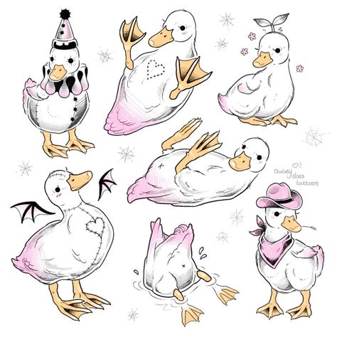 𝙲𝚑𝚎𝚕𝚜𝚎�𝚢 ⊹˙ | Initially when I started drawing these guys, this was supposed to be -maybe- five max but ended up turning into a sheet and a half. All… | Instagram Duck Memorial Tattoo, Little Duck Tattoo, Cute Duck Tattoo, Ducks Tattoo, Duck Tattoo Ideas, Cowboy Hat Tattoo, Duck Tattoos, Duck Cartoon, Little Duck