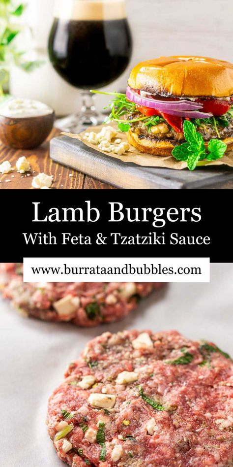 Minted lamb burgers make for a fresh twist on a summer grilling classic! Served with a cooling tzatziki sauce and your favorite toppings, these perfectly seasoned lamb burgers are stuffed with fresh mint and feta that give every bite a burst of flavor, and they come together in under 30 minutes. These Mediterranean-inspired lamb burgers will be your new go-to recipe for all your summer parties. Lamb And Feta Burgers, Lamb Feta Burgers, Lamb Burger Recipe Easy, Lamb Smash Burger, Lamb Burgers Recipe, Ground Lamb Burger Recipes, Lamb Burgers With Tzatziki, Lamb Burgers Patties, Mediterranean Burgers