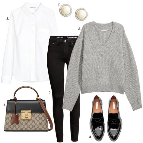 casual work outfit, grey sweater, black skinny jeans, loafers, women, fashion, how to wear, style, personal shopper How To Wear Loafers Women, Prep Outfits, Loafers For Women Outfit, Grey Sweater Outfit, How To Wear Loafers, Black Pants Outfit, Life Challenge, Fantastic Fashion, Casual Work Outfits Women