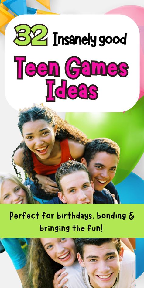 Discover these 32 fun and exciting teen games ideas to play at a teenager's birthday party and to bond with friends. These are the high energy group party games that are brilliant entertainment if you are hosting an event and need reliable party games that teens love to play. Hosting occasion, party planning, party games for teens, indoor games, outdoor games, ice-breaker games, exciting game ideas to make sure the party is unforgettable and an amazing experience for your teen son or daughter Party Games For All Ages Indoor, Fun Teenage Birthday Party Ideas, Fun Games To Play At A Sweet 16, Party Games All Ages, Games To Play At A Sweet 16 Party, Teenage Party Game Ideas, Sweet 16 Game Ideas Activities, Party Games For Middle Schoolers, Sweet Sixteen Games Activities