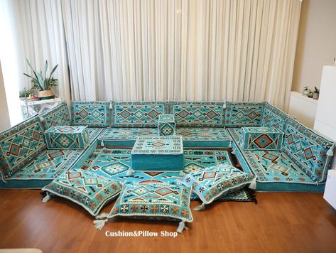 Turkish Sofa Set Turquoise Sofa U Shape Majlis Sofa | Etsy Majlis Sofa, Turkish Sofa, Turquoise Sofa, Turkish Home Decor, Floor Couch, Ottoman Decor, Cushion Headboard, Red Sofa, Blue Cushions