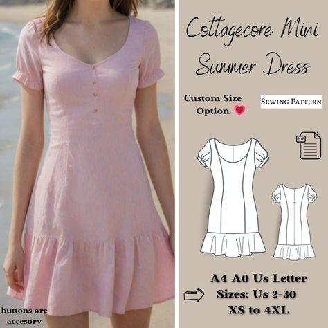 Cottagecore Mini Summer Dress sewing pattern, ruffle dress pattern,  puff sleeve dress, milkmaid dress, sun dress pattern,Pink Dress, XS-4XL A-line Dress Pattern, Simple Dresses To Sew, How To Sew A Simple Dress, Cottagecore Pattern Sewing, Diy Clothes Patterns Free, Free Sewing Pattern Dress, Clothing Patterns Dresses, Cool Sewing Patterns, Puff Dress Pattern