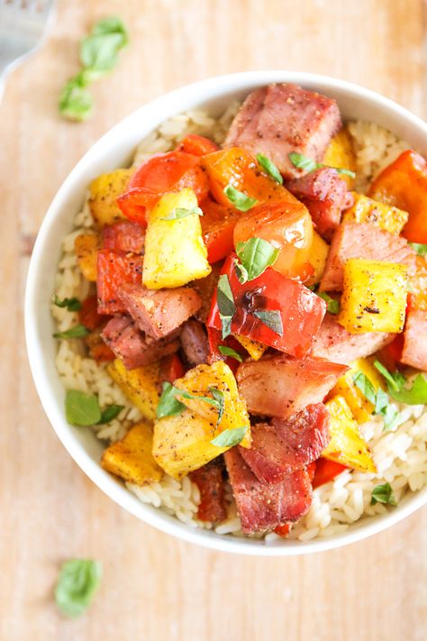 Hawaiian Ham and Pineapple Bowl with Rice | recipe from Horses & Heels Recipes For Leftover Ham, Pineapple Rice Bowl, Pineapple Bowls, Hawaiian Ham, Ham Pineapple, Ham And Pineapple, Hawaiian Recipes, Pineapple Bowl, Hawaiian Dishes