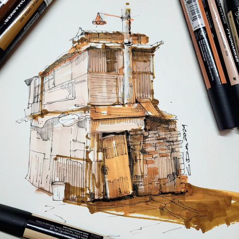 Creating abandoned architecture with pro marker. Adding some vintage color schemes for a dramatic look. It's just an experimental work. Really enjoyed the process ☺️. It takes approximately 10 min to color this whole building. . . @promarkertm by @winsorandnewton . #markersketch #markerdrawing #alcoholmarkers #boldsketching #sketch_daily #sketching #sketchinstadaily #sketchbook #subhosketchbook #boldart #markerart #colours #color #urbansketching #urbanart #urbansketchers #urbanbuilding Marker Sketch Architecture, Vintage Color Schemes, Daily Sketching, Abandoned Architecture, Pro Markers, Sketch Daily, Architectural Sketch, Bold Art, Sketch Markers