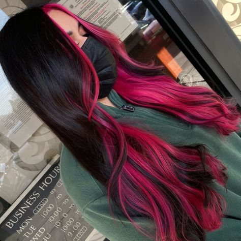 50 Magenta Hair Colors And Styles Trending In 2024 Red Hair With Purple Peekaboos, Fuschia Peekaboo Hair, Black And Pink Hair Dye Ideas, Magenta Hair Ombre, Maroon Peekaboo Hair, Magenta Peekaboo Hair, Magenta And Black Hair, Hot Pink And Brown Hair, Wolf Cut Hair Color Ideas