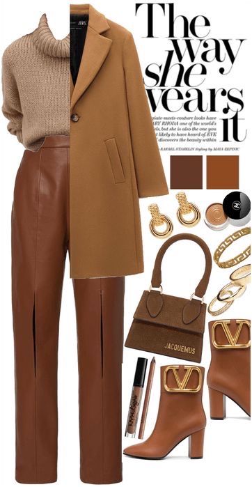 How To Have Style, Brown Leather Pants, Monochrome Outfit, Camel Coat, Brown Pants, Work Outfits Women, 가을 패션, Business Casual Outfits, Outfit Casual