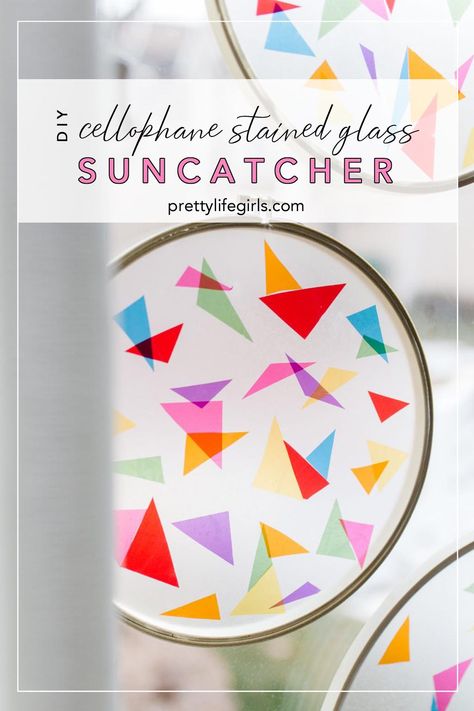 How to Make a DIY Stained Glass Suncatcher with Cellophane | The Pretty Life Girls Cellophane Art, Bean Mosaic, Melt Crayons, Easy Toddler Crafts, Diy Staining, Embroidery Hoop Crafts, Pretty Life, Art Teaching, Sensory Bottles