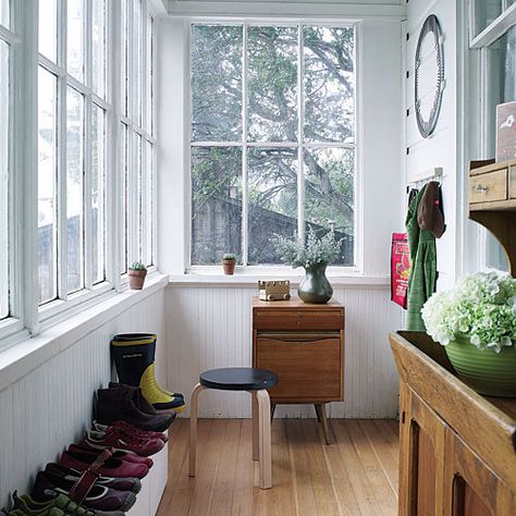 Light And Airy Entryway, Breezeway Entry, Enclosed Entryway, Airy Entryway, Vestibule Ideas, Sunroom Entryway, Ceramics House, Enclosed Front Porches, Craftsman Porch